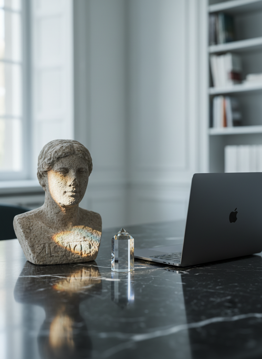 A glossy black marble table holds a single, meticulously crafted crystal prism placed between a weathered stone bust without visible facial features and a sleek, closed, charcoal-gray laptop. Sunlight from a nearby window strikes the prism, casting vivid, fractured rainbows across the bust and the table surface. The rest of the room remains intentionally minimalist and blurred, with cool white walls and a distant, out-of-focus bookshelf. Shot in photographic realism from a slightly elevated angle, with a shallow depth of field emphasizing the prism and its refracted colors. The atmosphere is sophisticated and enigmatic, suggesting the collision of ancient philosophy, modern technology, and hidden truths refracted through culture.