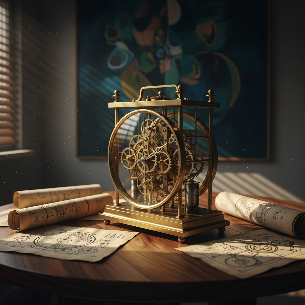An antique brass mechanical clock, its gears fully exposed, stands prominently on a dark walnut table scattered with loosely rolled parchment diagrams and abstract geometric sketches. Fine dust motes float in the air, caught by a narrow beam of late-afternoon light entering through unseen blinds, creating sharp, angled bands across the scene. The background falls into deep shadow, with just a hint of an abstract painting on the wall. Photographic realism, with a close-up, three-quarter perspective that emphasizes the intricate textures of metal, paper fibers, and wood grain. The mood is analytical and slightly mysterious, evoking the hidden mechanisms of time, history, and cultural systems.