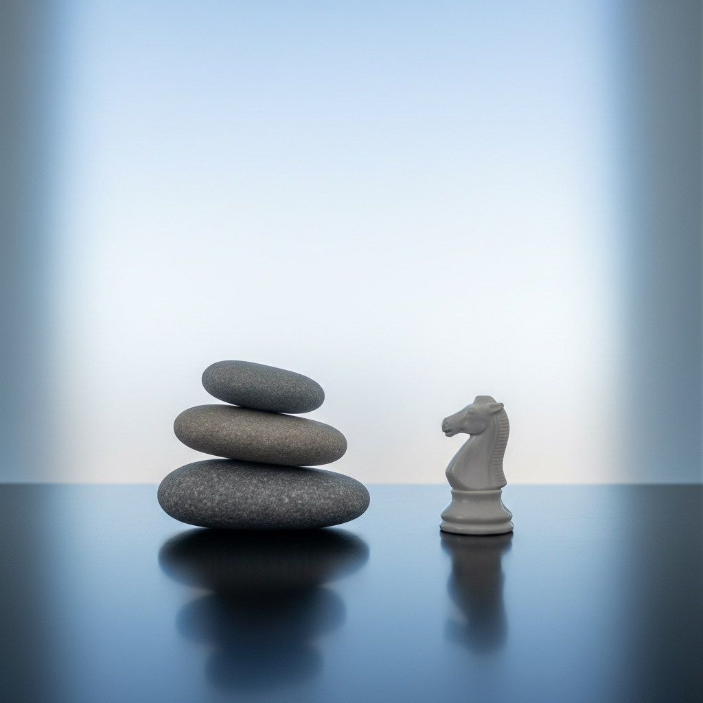 A minimalist still life of a perfectly balanced stack of three stones in muted grays sits atop a matte black surface, beside a single white porcelain chess knight. Behind them, a large frosted glass panel diffuses cool daylight, creating a soft gradient from pale blue to silver. Subtle reflections of the stones and knight shimmer on the surface below. The composition follows the rule of thirds, captured in photographic realism from a slightly low angle to emphasize the quiet tension between chance and strategy. The atmosphere feels calm yet intellectually charged, suggesting philosophical balance, decision-making, and the quiet conspiracies of thought beneath the surface of culture.